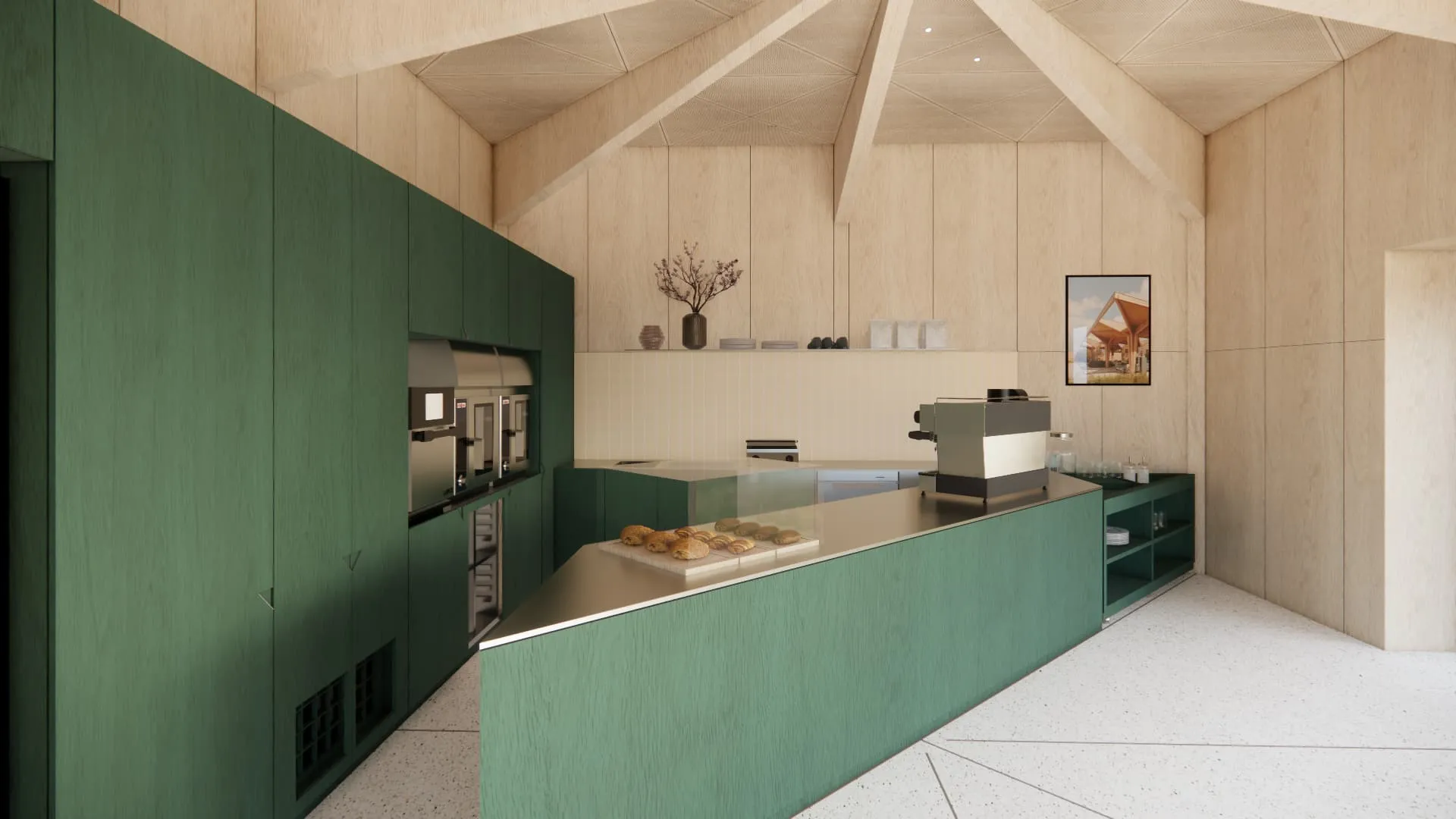 Rendering af Clevers cafe set indvendig fra en vinkel